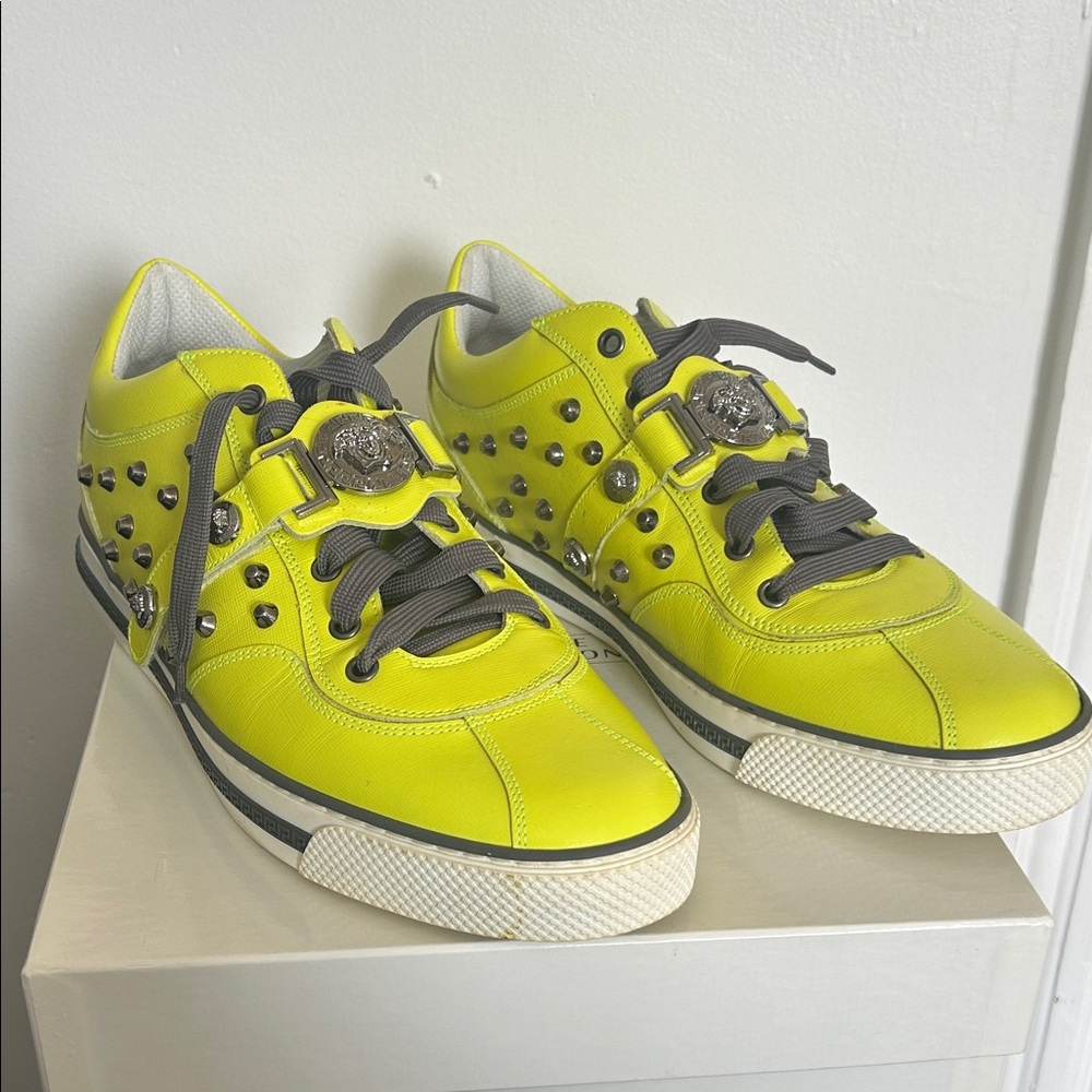 Versace Neon Yellow Studded Sneaker with Gunmetal Accents